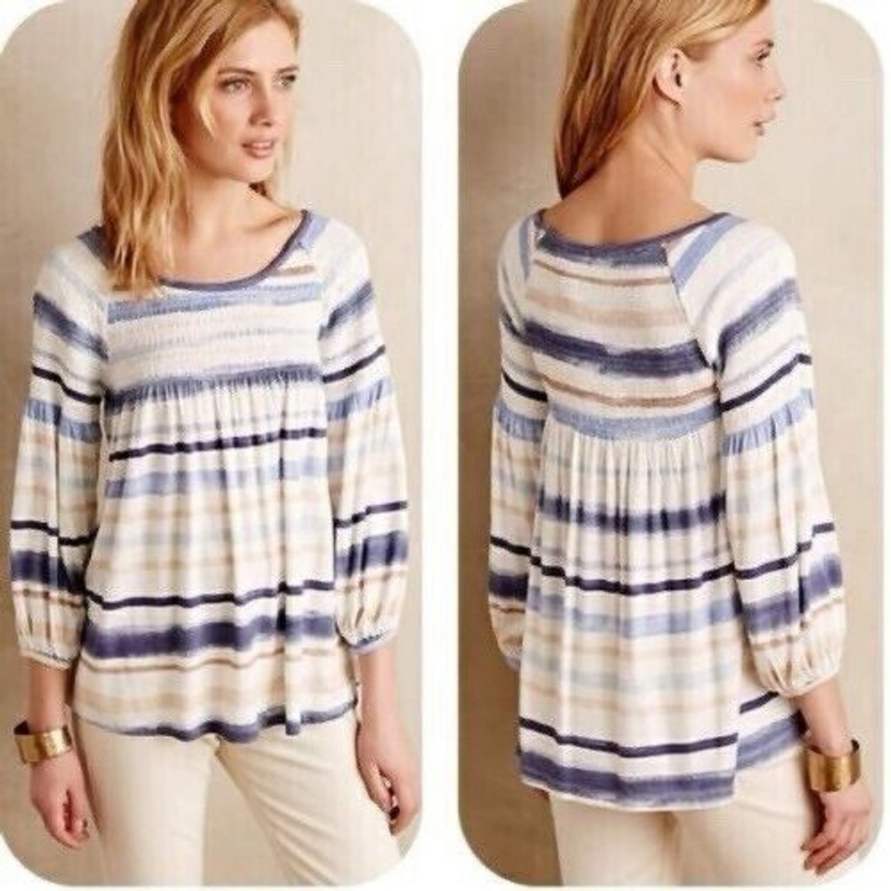 Anthropologie Meadow Rue Womens Top Striped Smocked Peasant Blue White Tan Sz. S